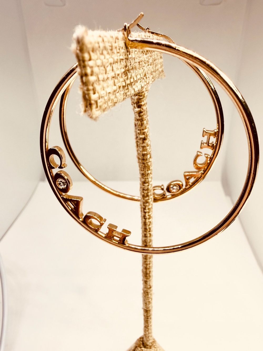 Coach Logo Script Pierce Hoop Earrings Gold-Tone & Clear Rhinestone - Picture 8 of 12